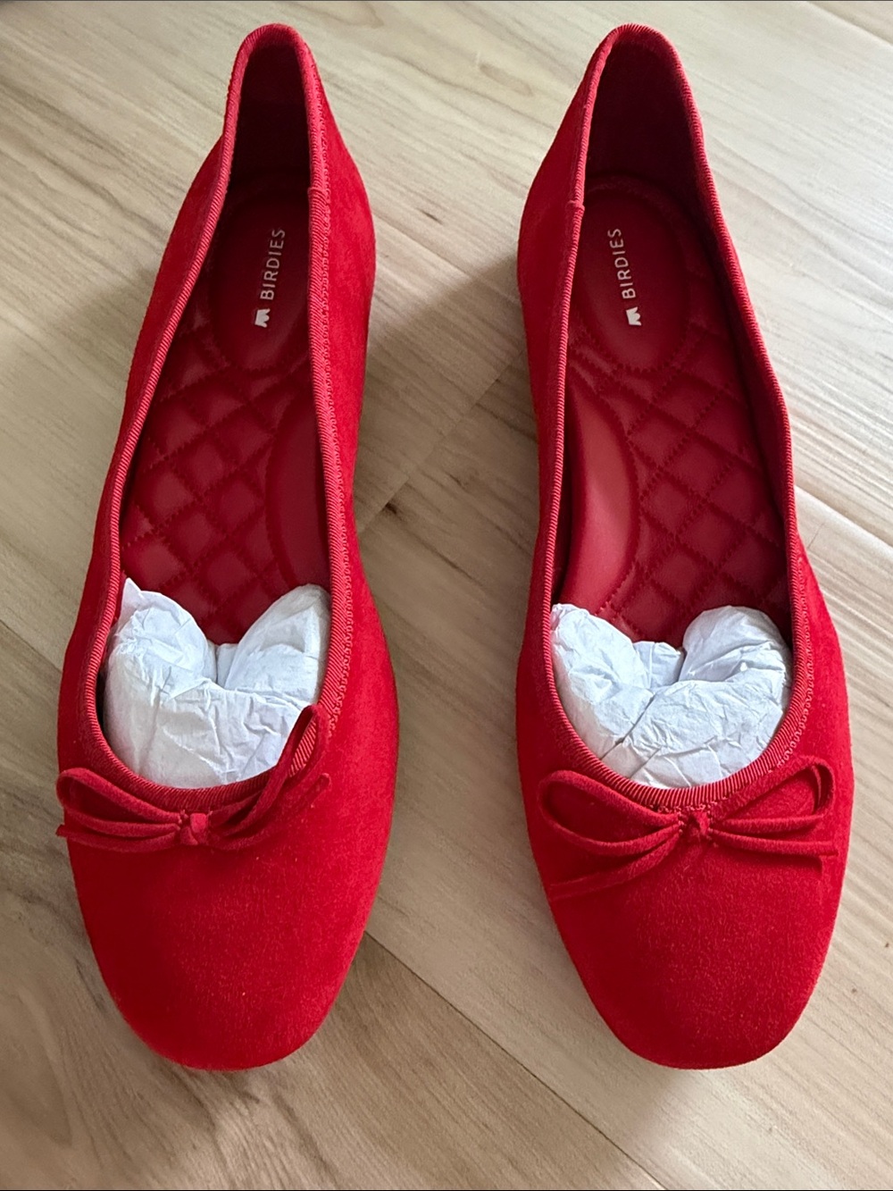 Birdies Red Velvet Ballet Flats with Bow Detail